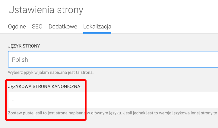 ustawienia językowe strony kanonicznej